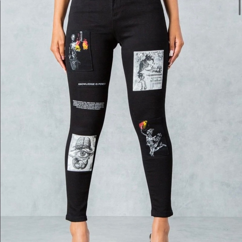“Knowledge is power” patch jeans